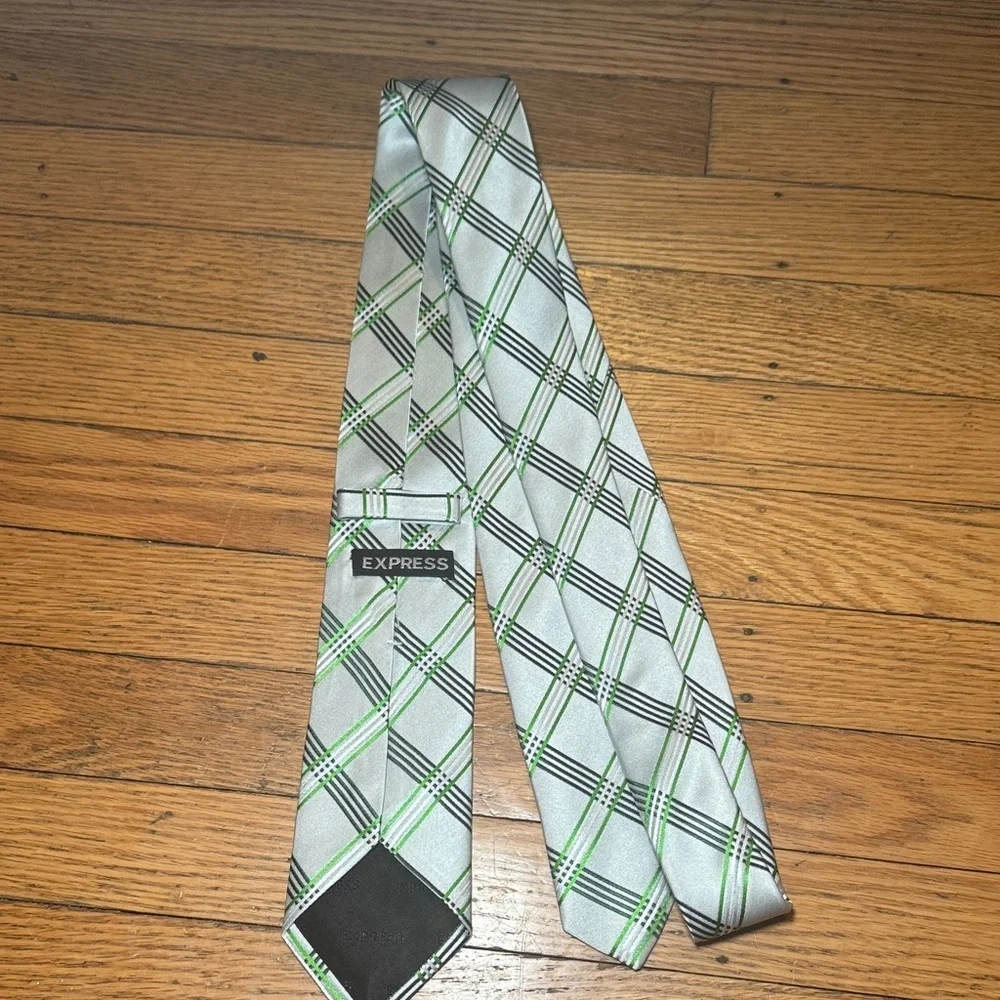 Express Silver and Green Checkered Silk Tie